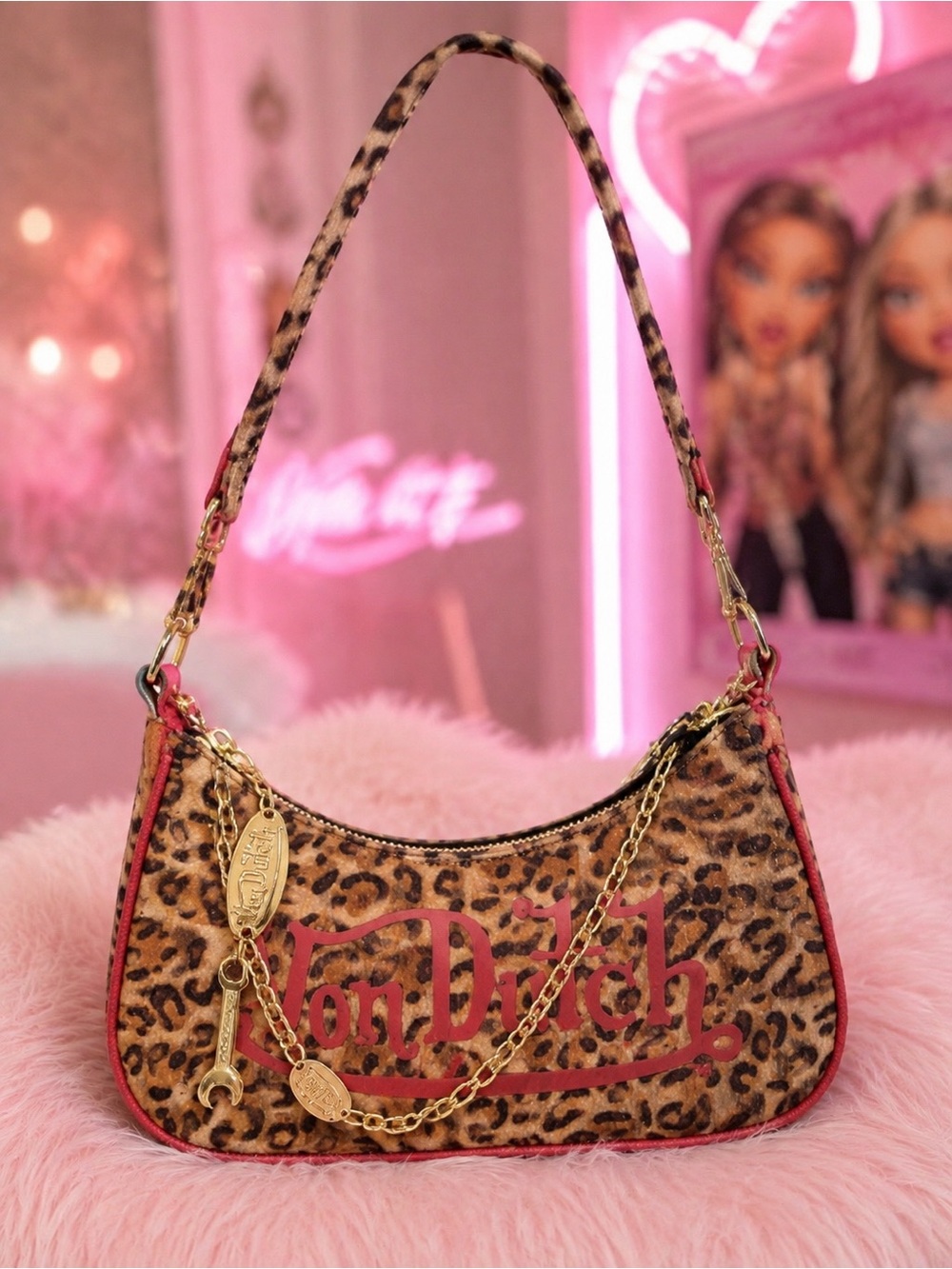 Von Dutch Leopard Print Shoulder Bag with Pink Logo and Gold Charm